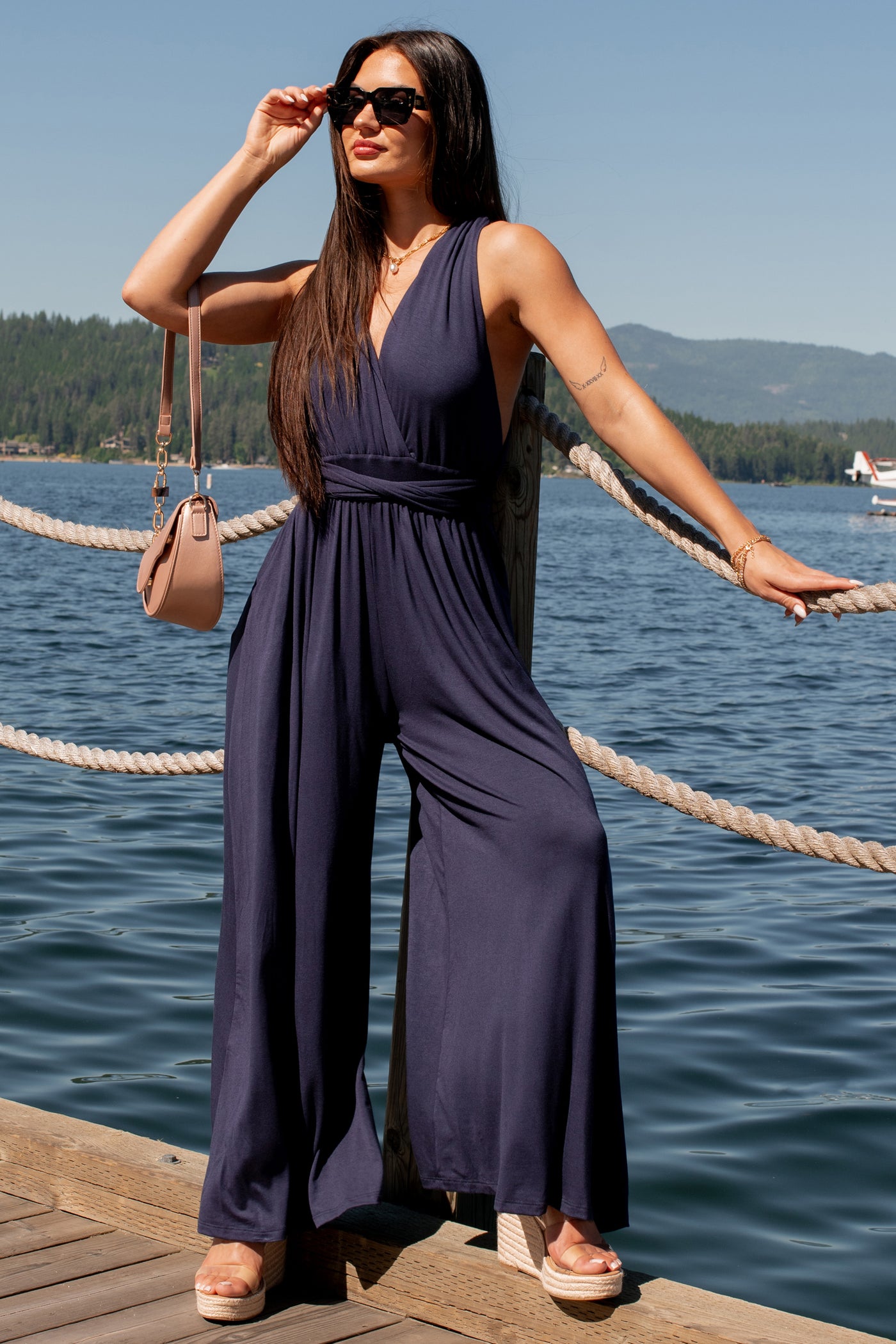 Meant To Be Modern Wrap-Tie Palazzo Jumpsuit (Dark Navy) - NanaMacs