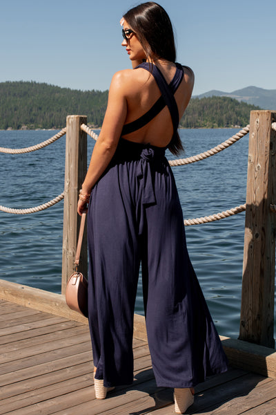 Meant To Be Modern Wrap-Tie Palazzo Jumpsuit (Dark Navy) - NanaMacs