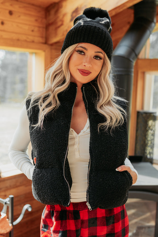 Drive All Night Sherpa Zip Up Puffer Vest (Black) - NanaMacs