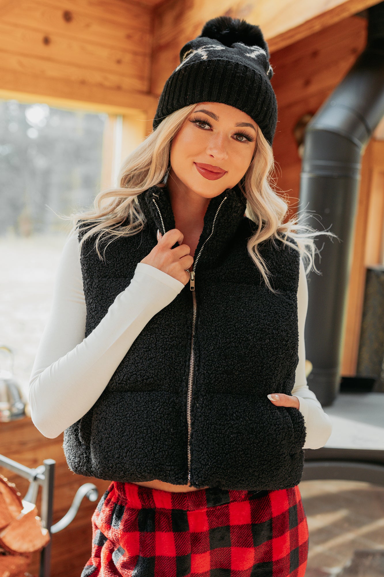 Drive All Night Sherpa Zip Up Puffer Vest (Black) - NanaMacs