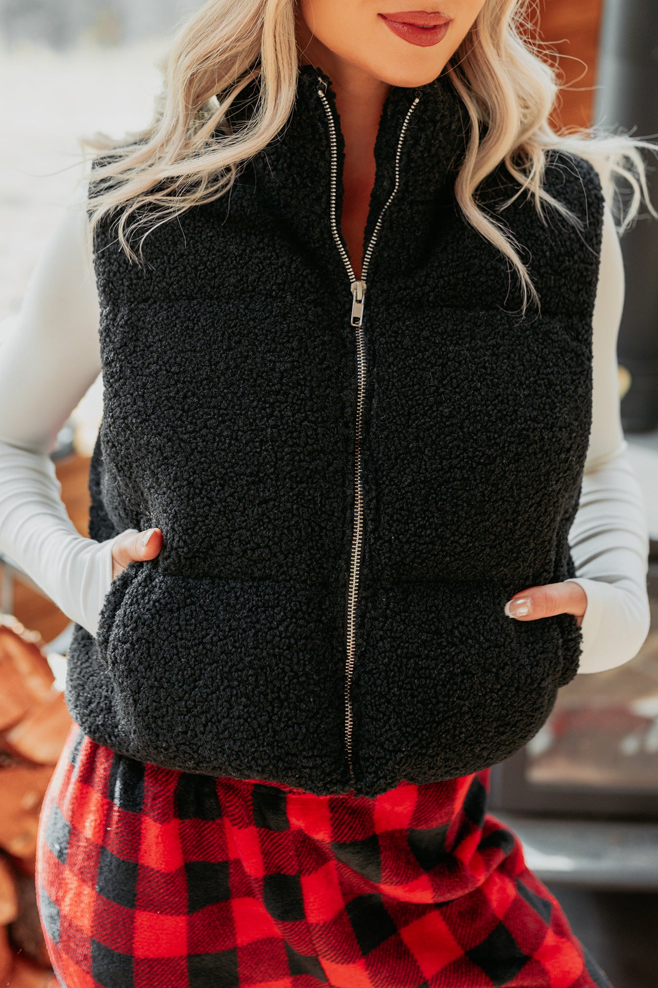 Drive All Night Sherpa Zip Up Puffer Vest (Black) - NanaMacs