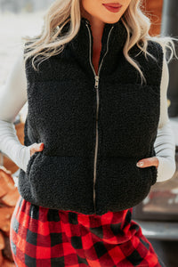 Drive All Night Sherpa Zip Up Puffer Vest (Black) - NanaMacs