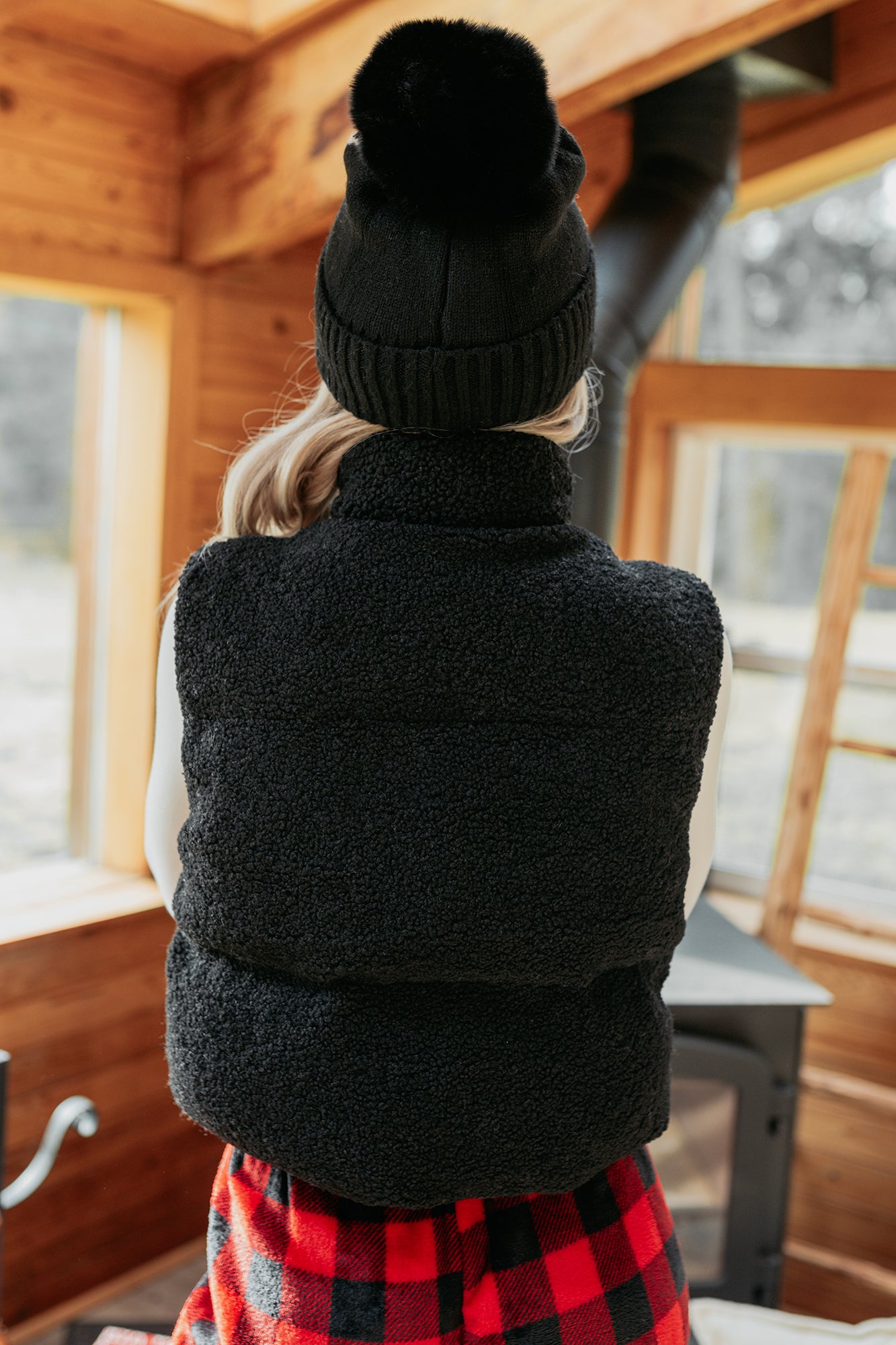 Drive All Night Sherpa Zip Up Puffer Vest (Black) - NanaMacs