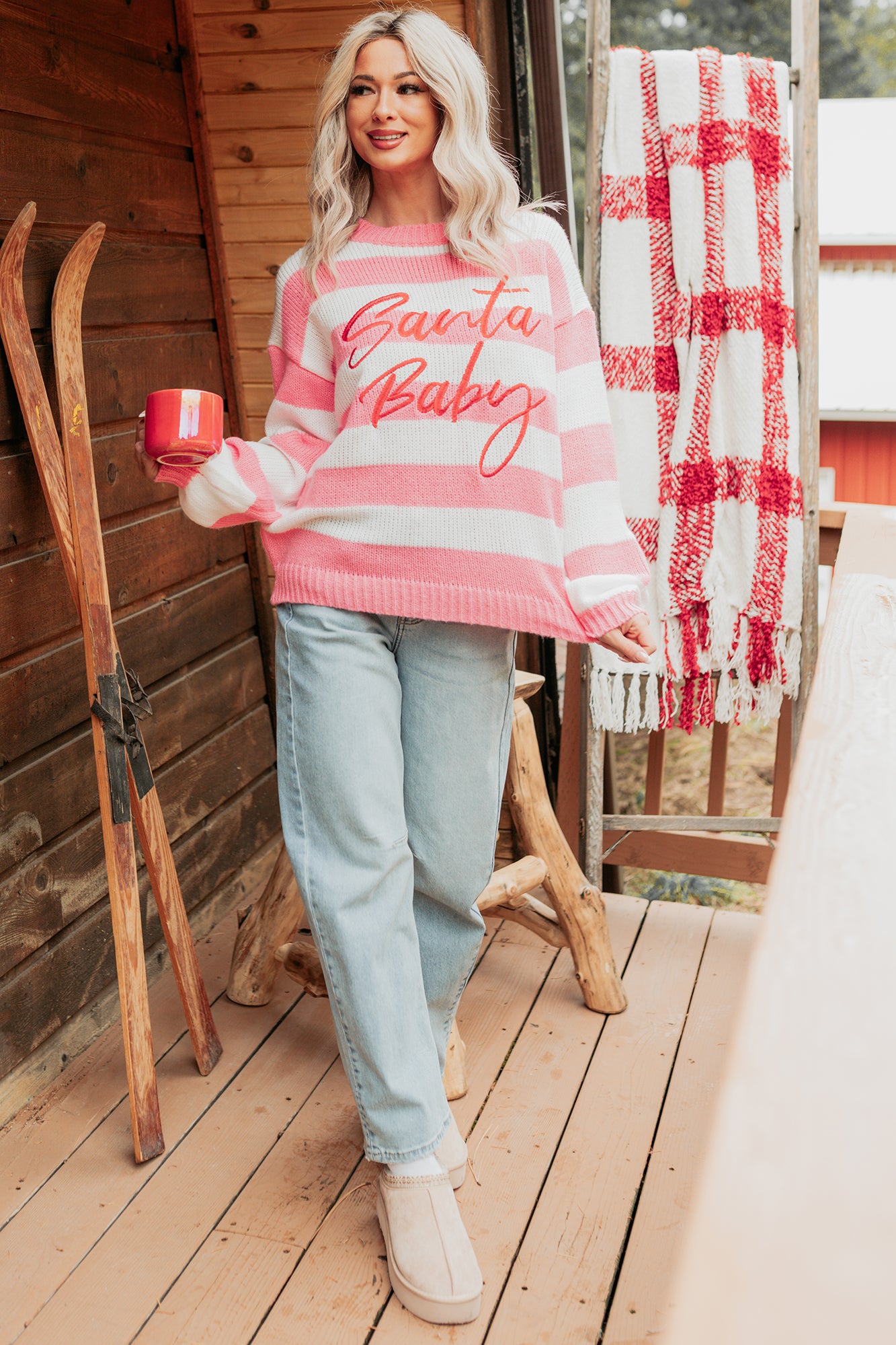 "Santa Baby" Stripe Knit Sweater (Pink/Multi) - NanaMacs