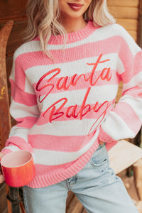 "Santa Baby" Stripe Knit Sweater (Pink/Multi) - NanaMacs