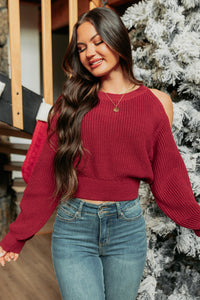 Love Waits Single Cold Shoulder Cropped Sweater (Burgundy) - NanaMacs