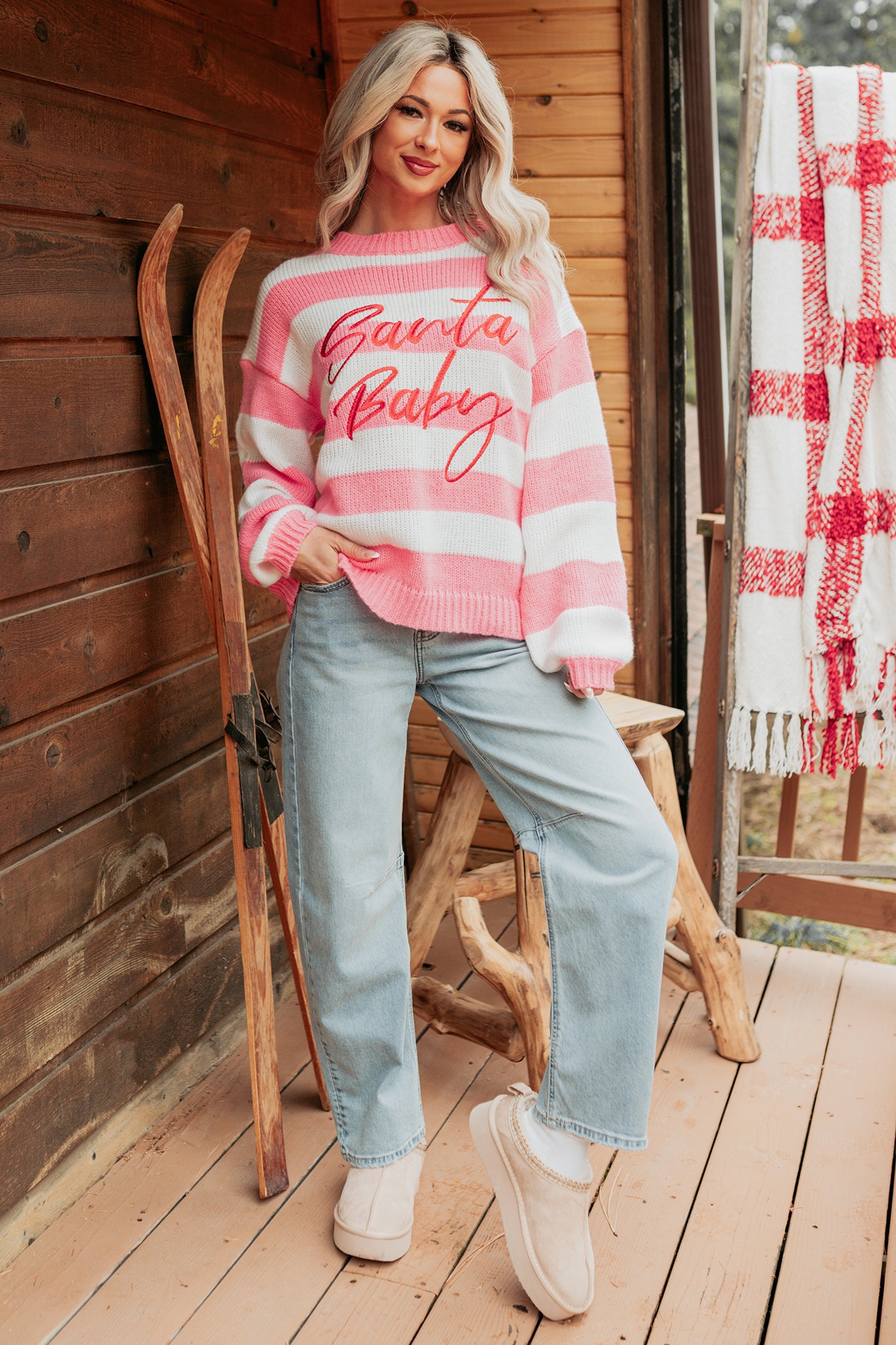 "Santa Baby" Stripe Knit Sweater (Pink/Multi) - NanaMacs