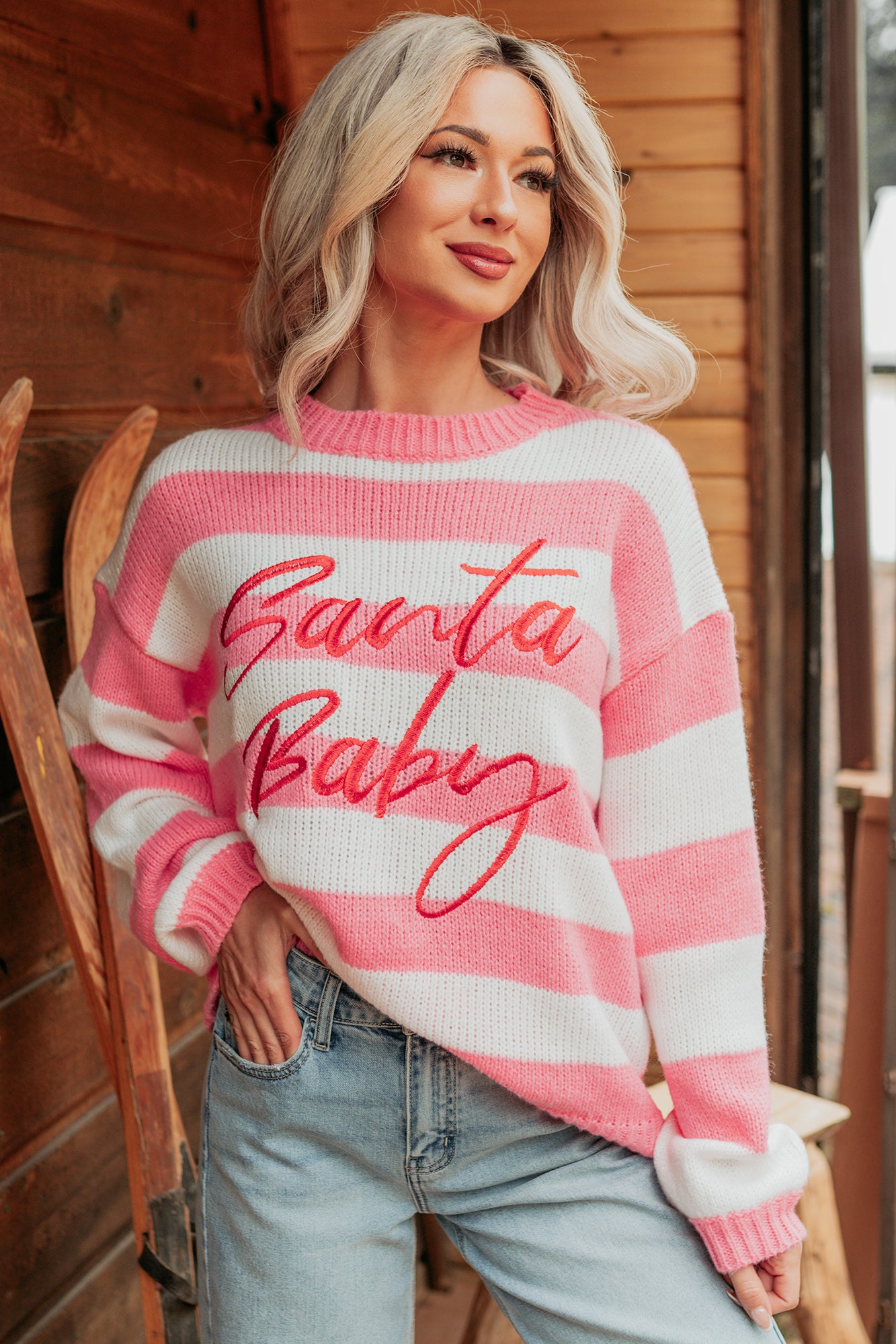 "Santa Baby" Stripe Knit Sweater (Pink/Multi) - NanaMacs