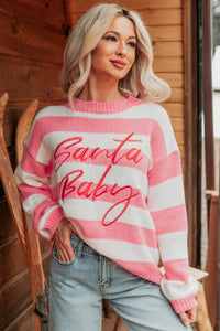 "Santa Baby" Stripe Knit Sweater (Pink/Multi) - NanaMacs