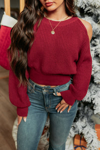 Love Waits Single Cold Shoulder Cropped Sweater (Burgundy) - NanaMacs