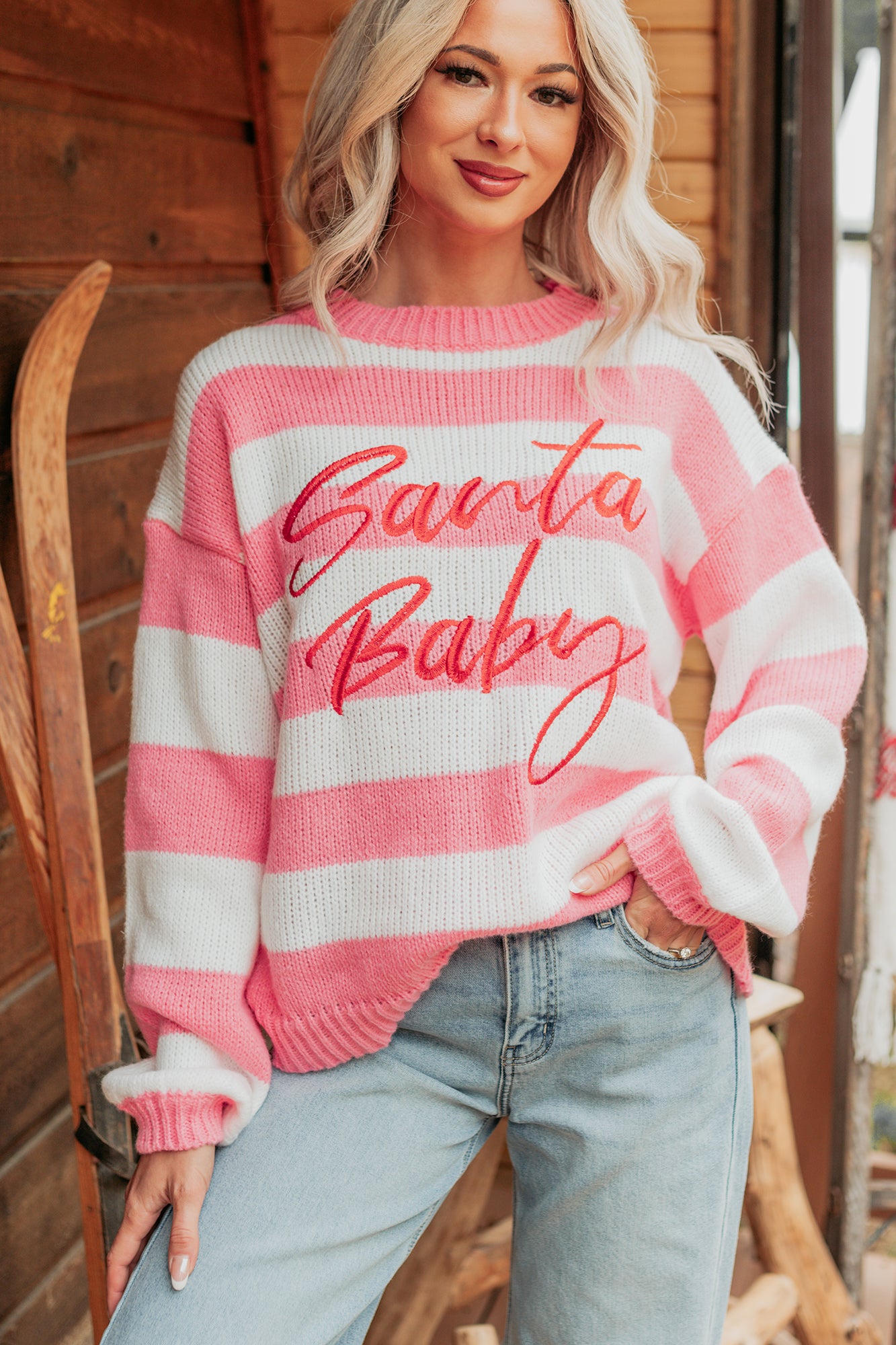 "Santa Baby" Stripe Knit Sweater (Pink/Multi) - NanaMacs