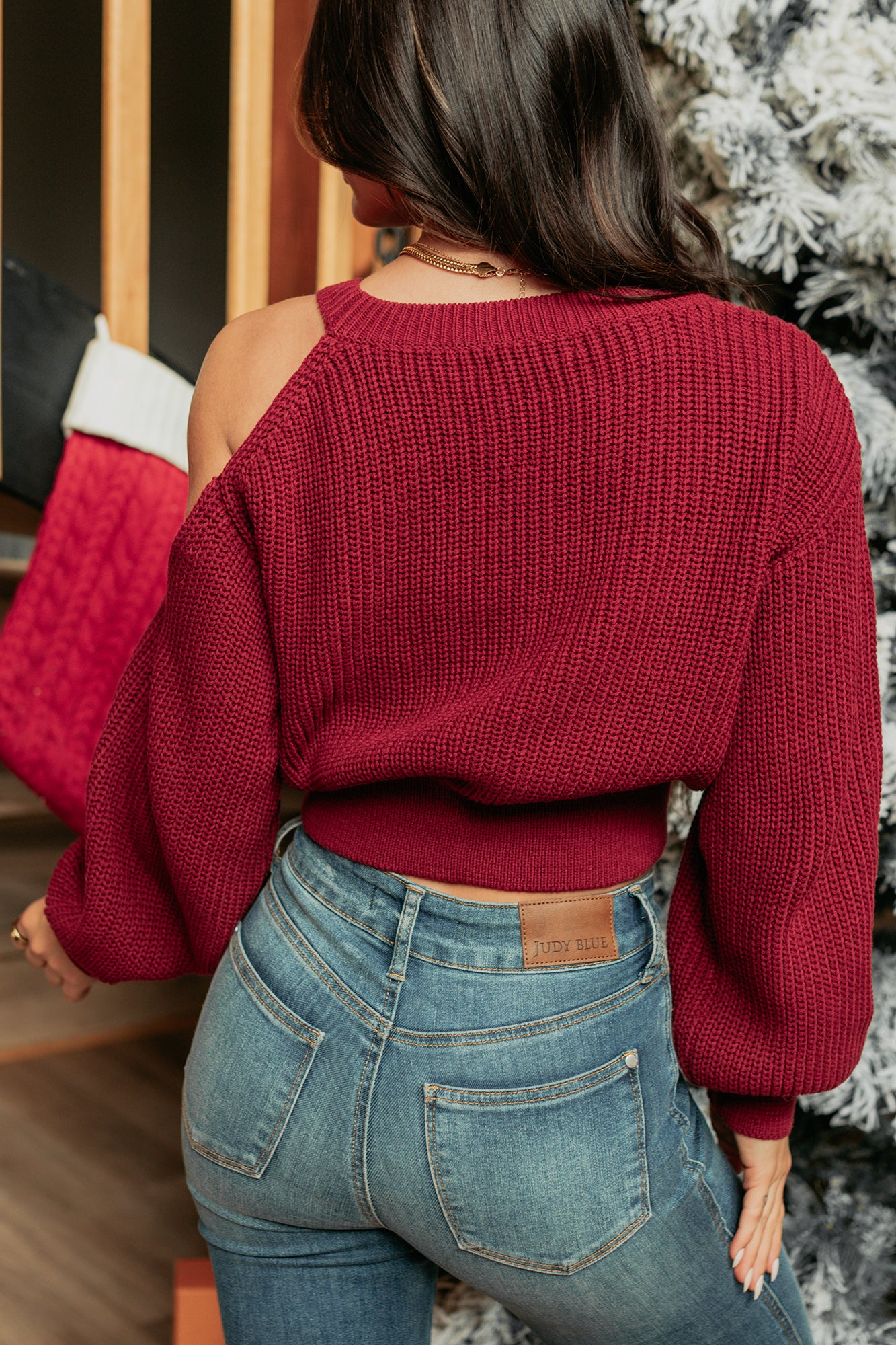 Love Waits Single Cold Shoulder Cropped Sweater (Burgundy) - NanaMacs