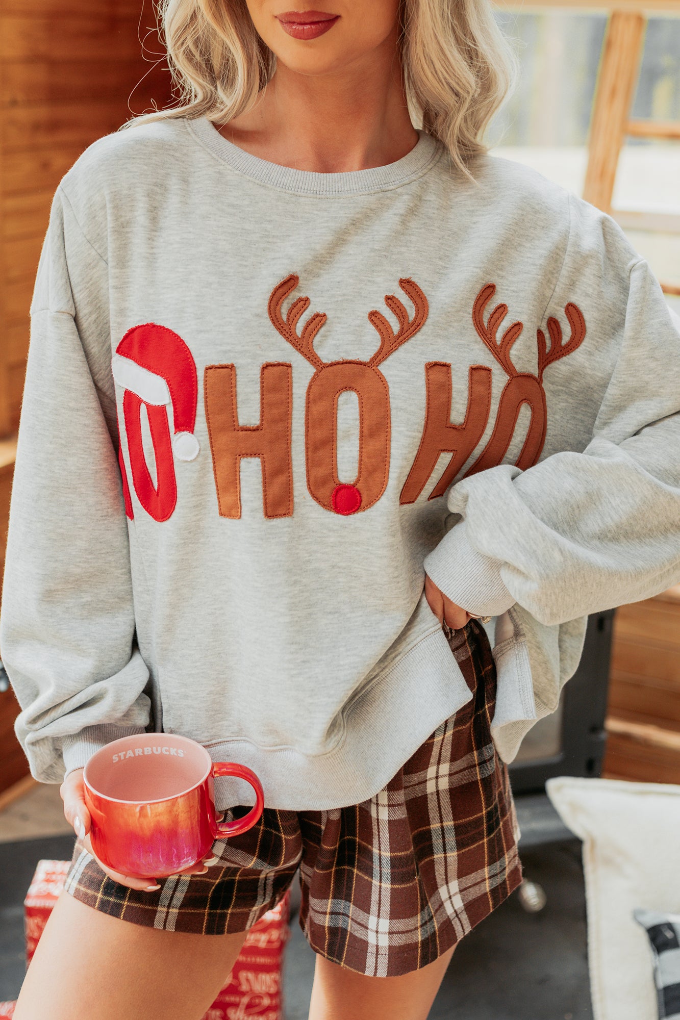 "HO HO HO" Patchwork Sweater (Heather Grey) - NanaMacs