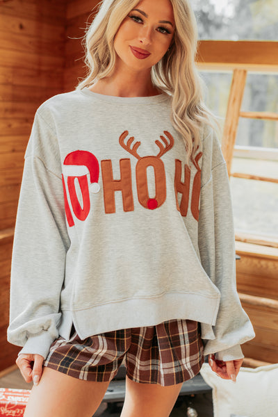 "HO HO HO" Patchwork Sweater (Heather Grey) - NanaMacs
