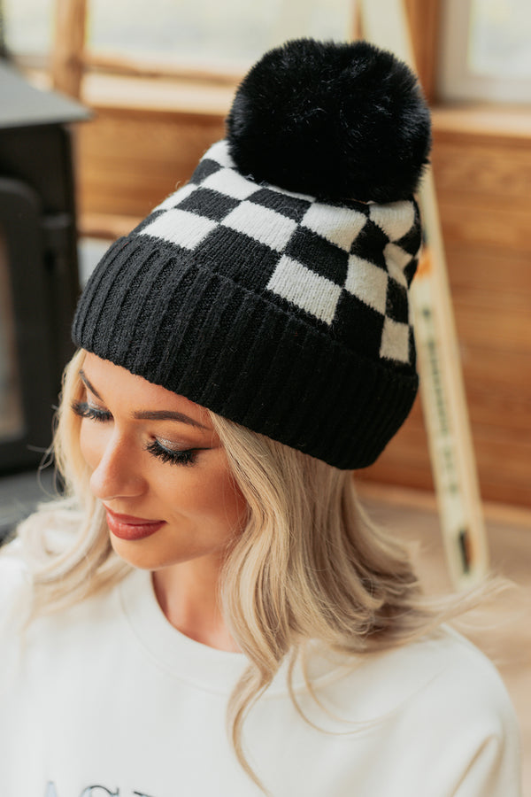 Curl Up Here Checker Pom Pom Beanie (Black/White) - NanaMacs