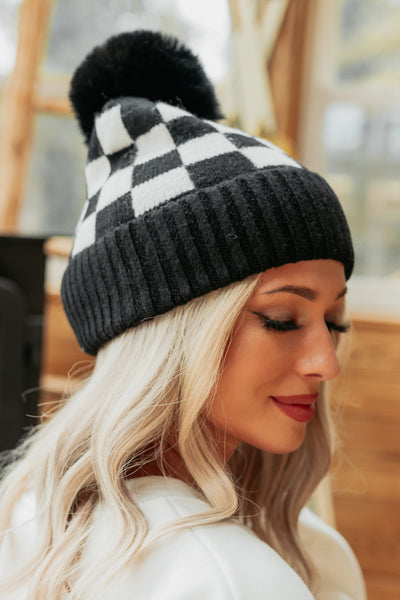 Curl Up Here Checker Pom Pom Beanie (Black/White) - NanaMacs