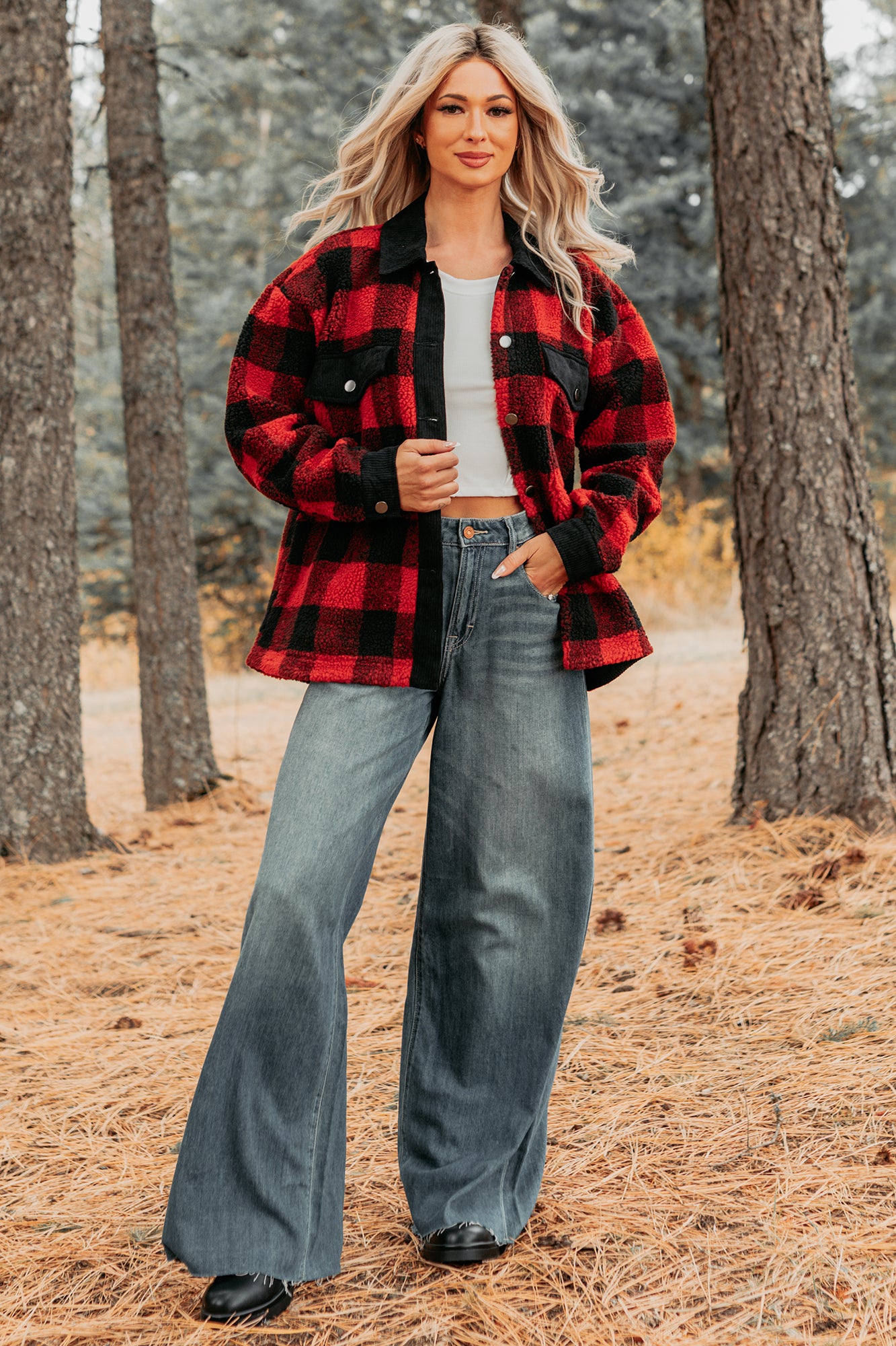 Holiday Hideaway Plaid Button-Up Sherpa Jacket (Red) - NanaMacs