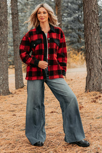 Holiday Hideaway Plaid Button-Up Sherpa Jacket (Red) - NanaMacs