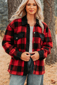 Holiday Hideaway Plaid Button-Up Sherpa Jacket (Red) - NanaMacs
