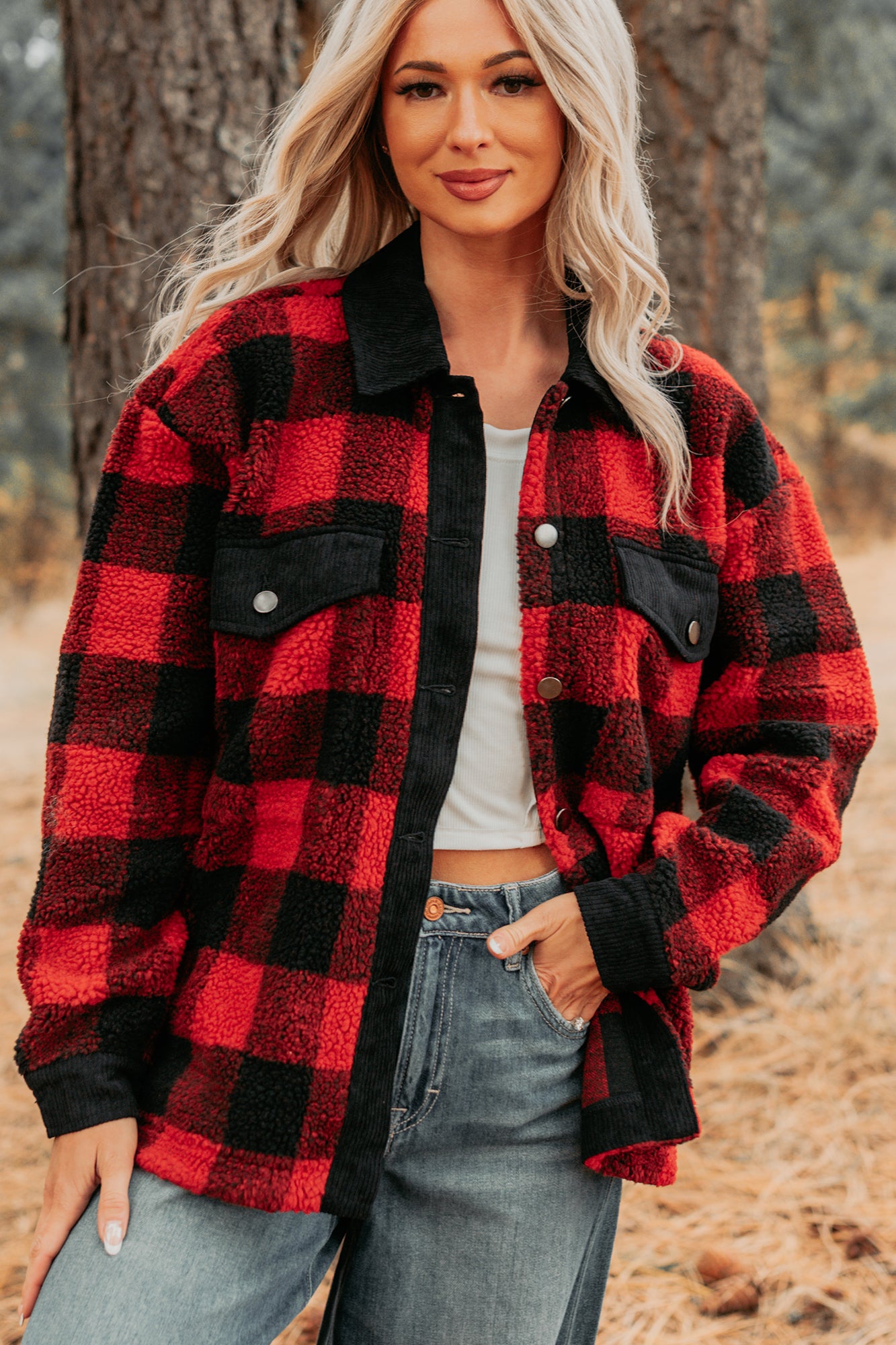 Holiday Hideaway Plaid Button-Up Sherpa Jacket (Red) - NanaMacs