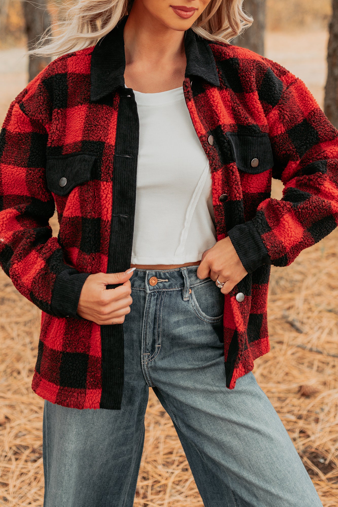 Holiday Hideaway Plaid Button-Up Sherpa Jacket (Red) - NanaMacs