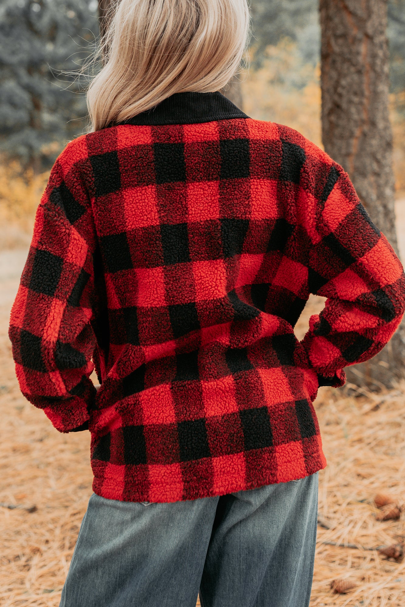 Holiday Hideaway Plaid Button-Up Sherpa Jacket (Red) - NanaMacs