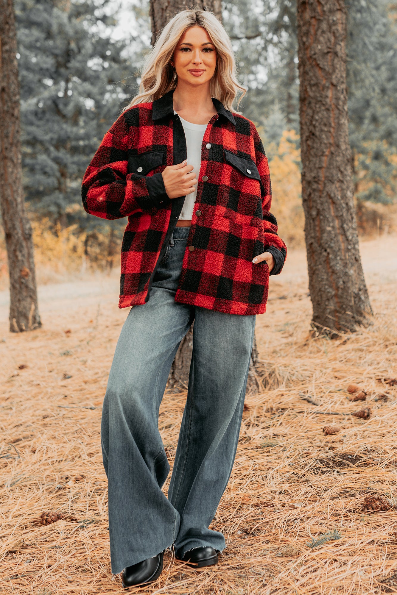 Holiday Hideaway Plaid Button-Up Sherpa Jacket (Red) - NanaMacs