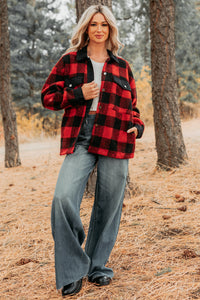 Holiday Hideaway Plaid Button-Up Sherpa Jacket (Red) - NanaMacs