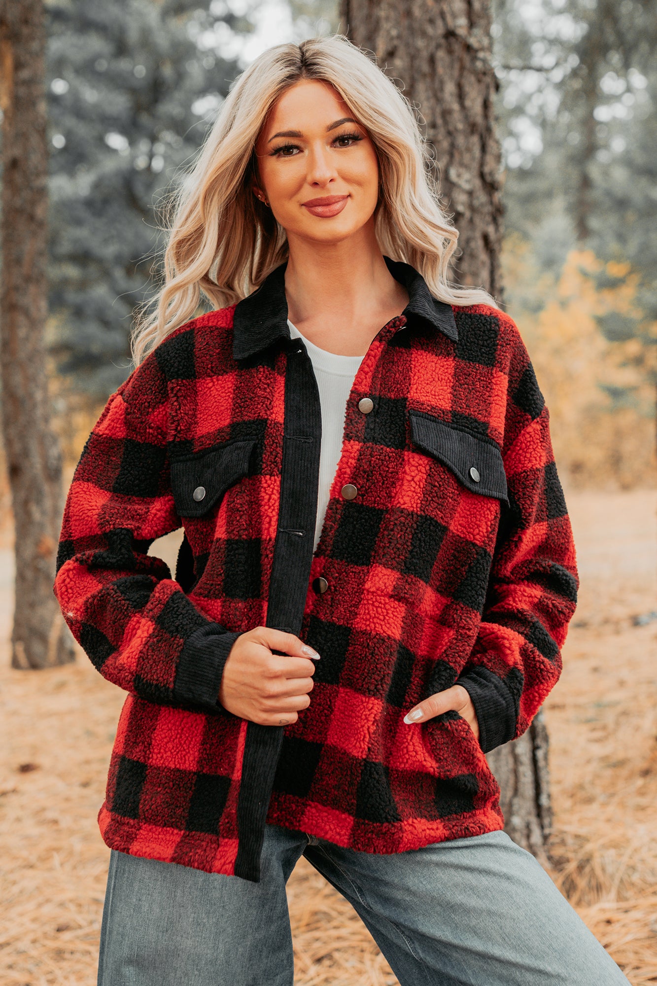 Holiday Hideaway Plaid Button-Up Sherpa Jacket (Red) - NanaMacs