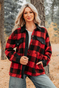 Holiday Hideaway Plaid Button-Up Sherpa Jacket (Red) - NanaMacs