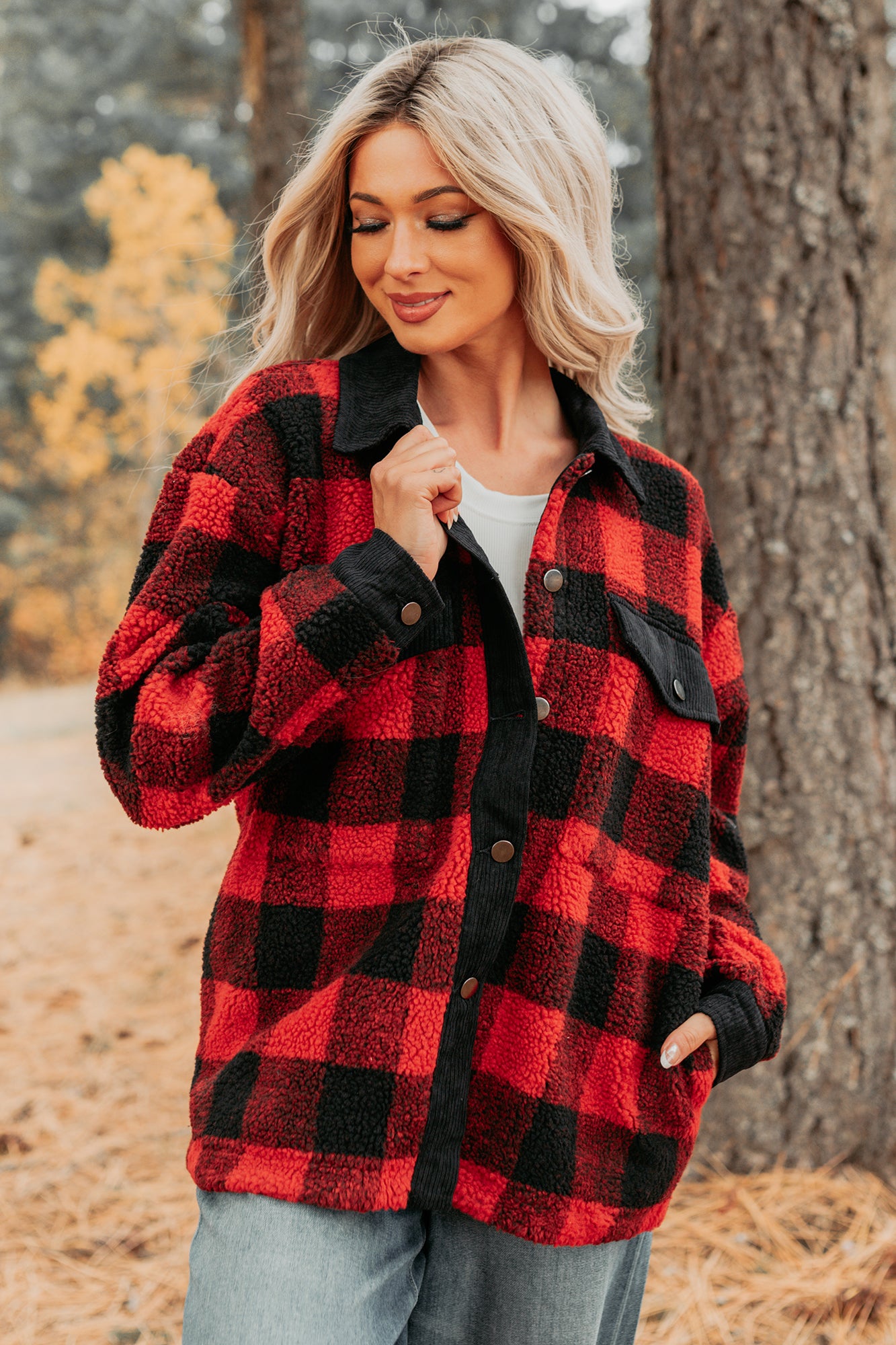 Holiday Hideaway Plaid Button-Up Sherpa Jacket (Red) - NanaMacs