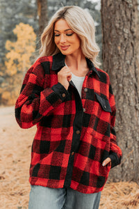 Holiday Hideaway Plaid Button-Up Sherpa Jacket (Red) - NanaMacs