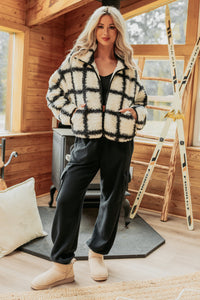 Cozy Carols Check Print Fleece Jacket (Cream/Black) - NanaMacs