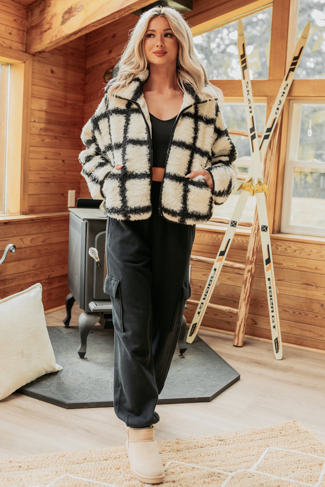 Cozy Carols Check Print Fleece Jacket (Cream/Black) - NanaMacs