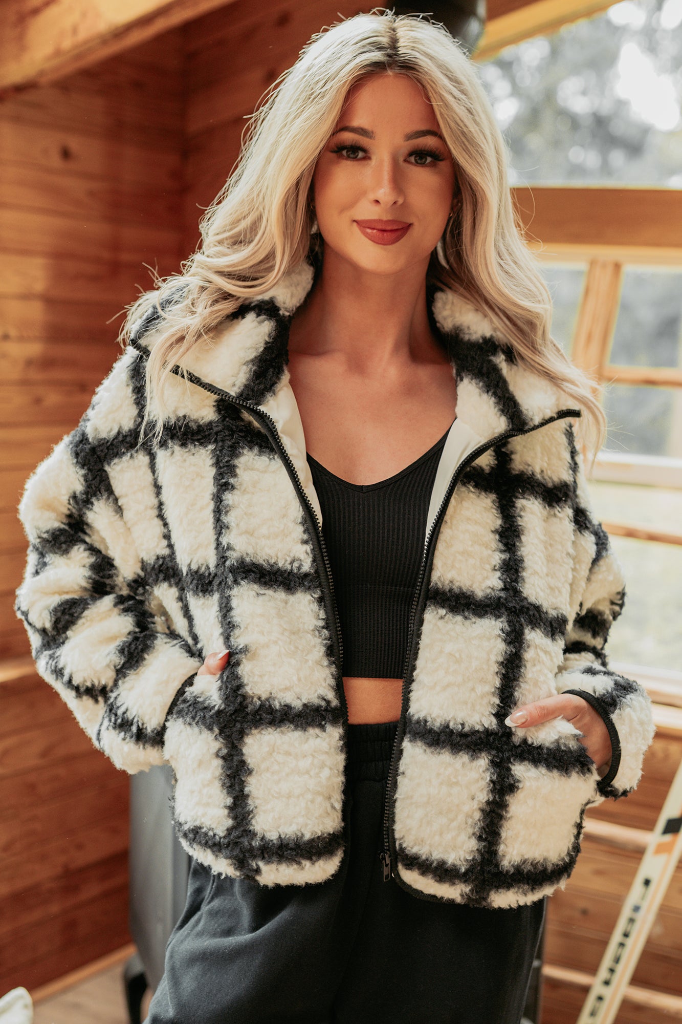 Cozy Carols Check Print Fleece Jacket (Cream/Black) - NanaMacs