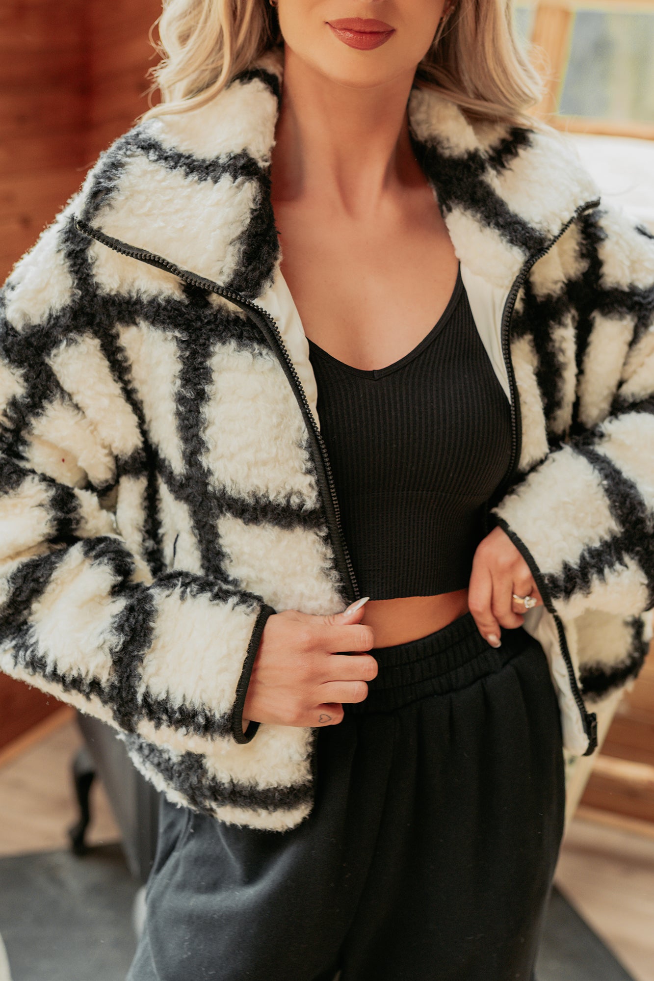 Cozy Carols Check Print Fleece Jacket (Cream/Black) - NanaMacs