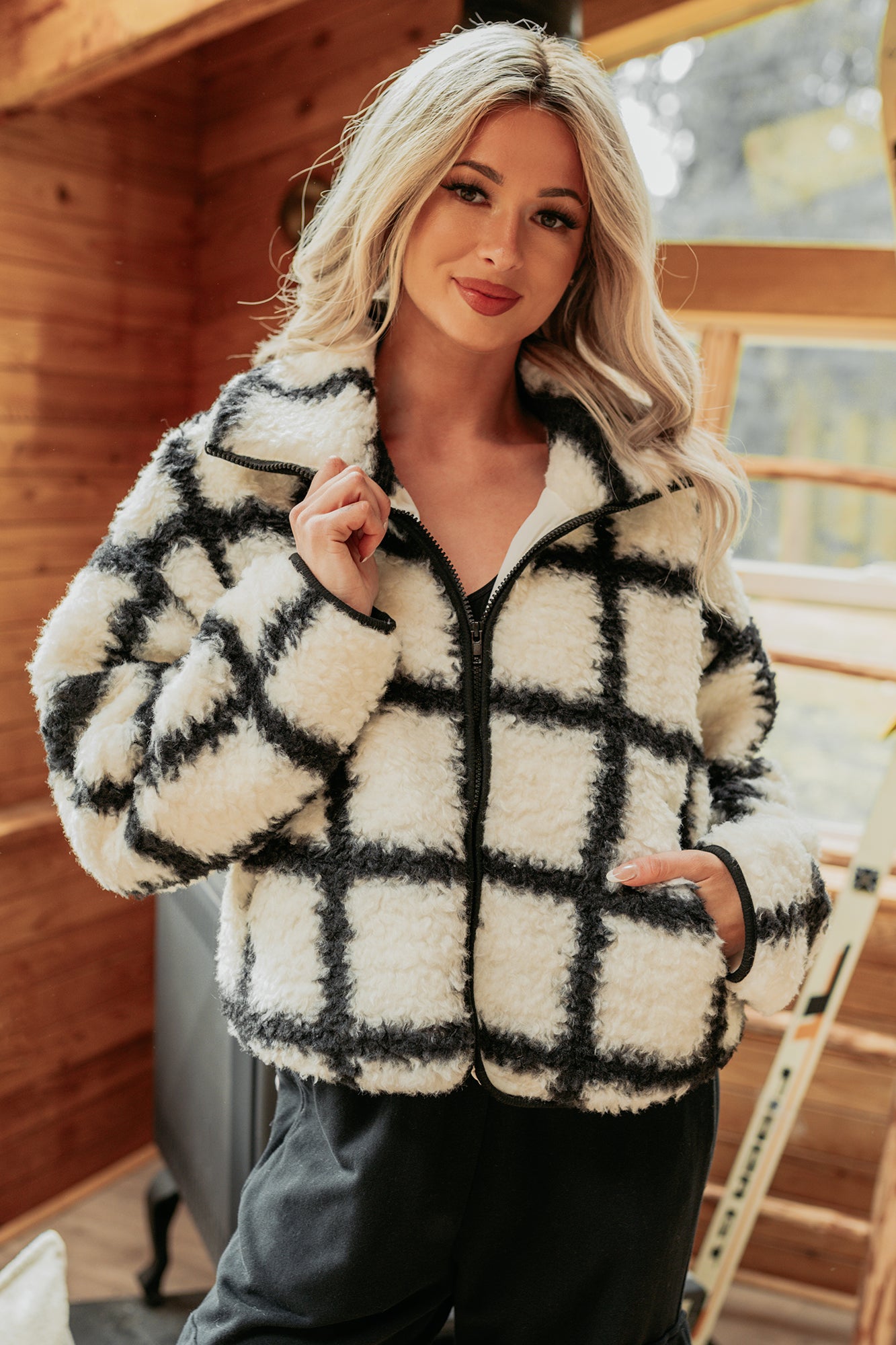 Cozy Carols Check Print Fleece Jacket (Cream/Black) - NanaMacs