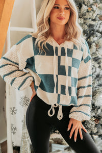 Kept Warm Mello Checkered Drawstring Sweater (Ivory/Hunter) - NanaMacs