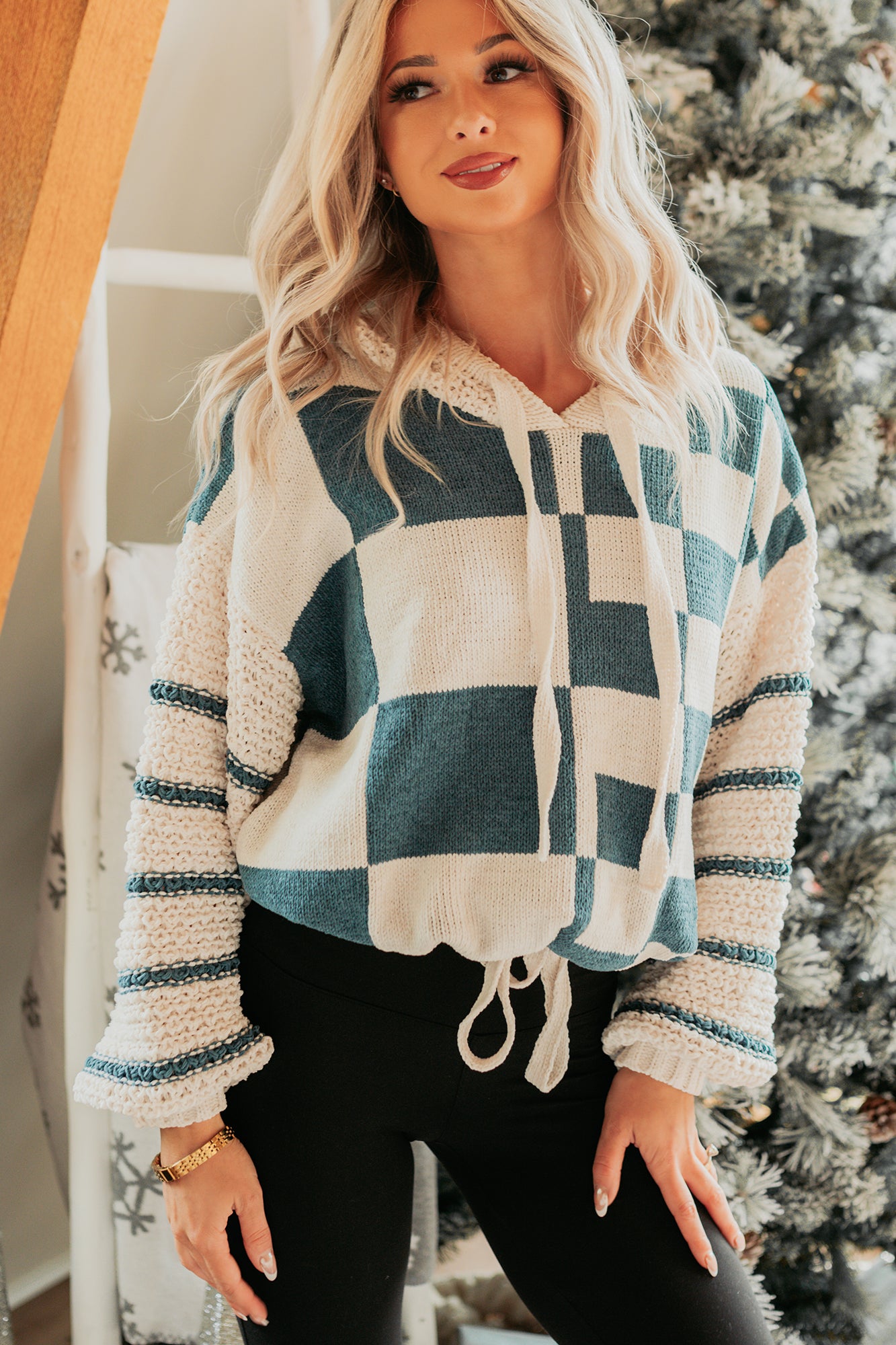 Kept Warm Mello Checkered Drawstring Sweater (Ivory/Hunter) - NanaMacs