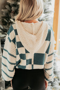Kept Warm Mello Checkered Drawstring Sweater (Ivory/Hunter) - NanaMacs