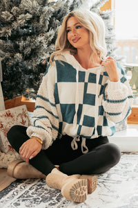 Kept Warm Mello Checkered Drawstring Sweater (Ivory/Hunter) - NanaMacs