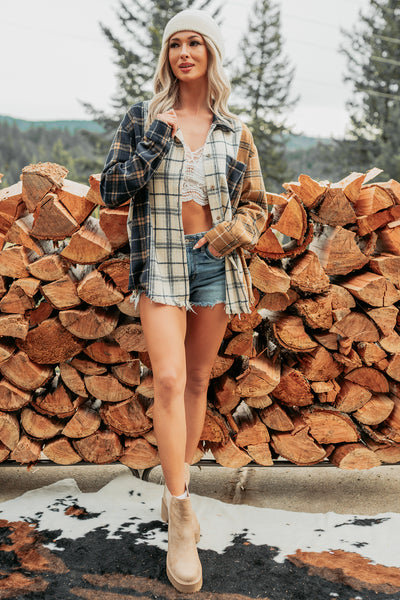 Chill Hour Oversized Mixed Plaid Shacket (Multi/Navy) - NanaMacs