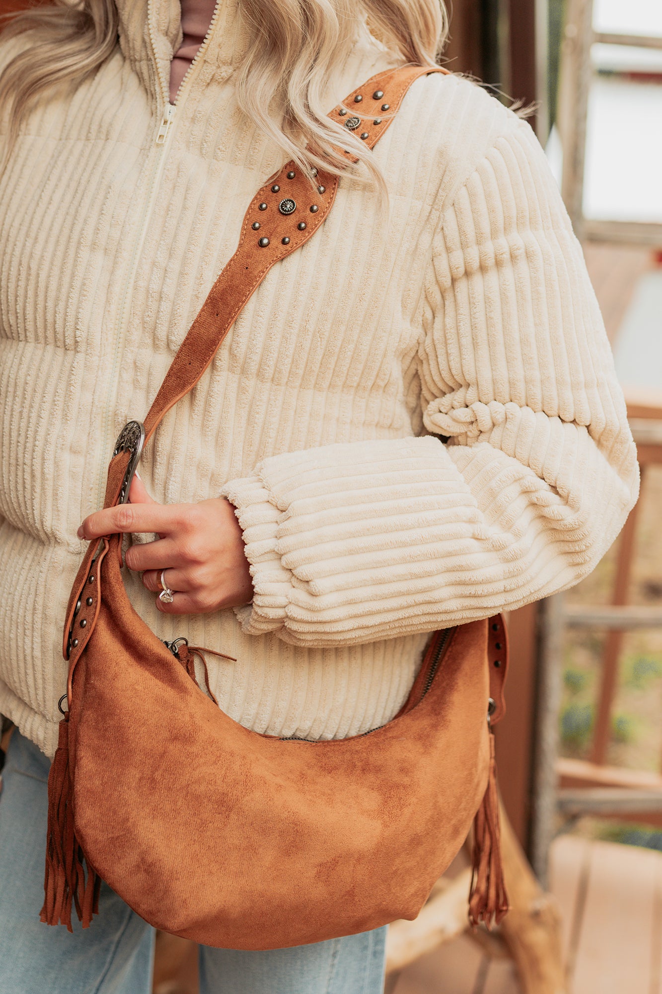 Fierce Glow Faux Suede Buckle Strap Tassel Bag (Light Brown) - NanaMacs