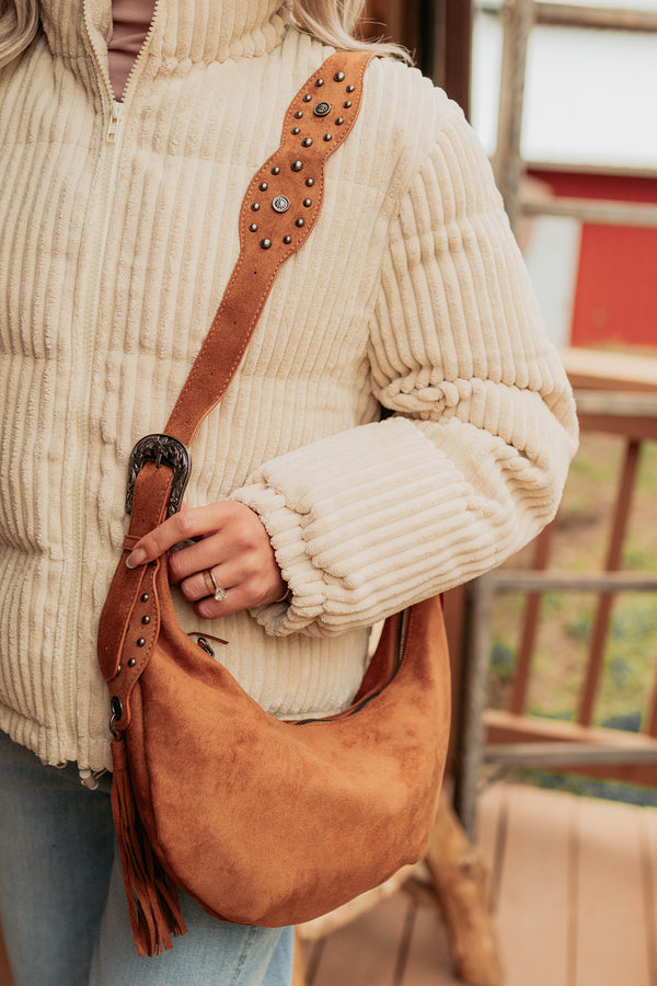 Fierce Glow Faux Suede Buckle Strap Tassel Bag (Light Brown) - NanaMacs