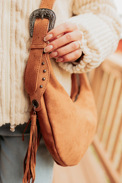 Fierce Glow Faux Suede Buckle Strap Tassel Bag (Light Brown) - NanaMacs
