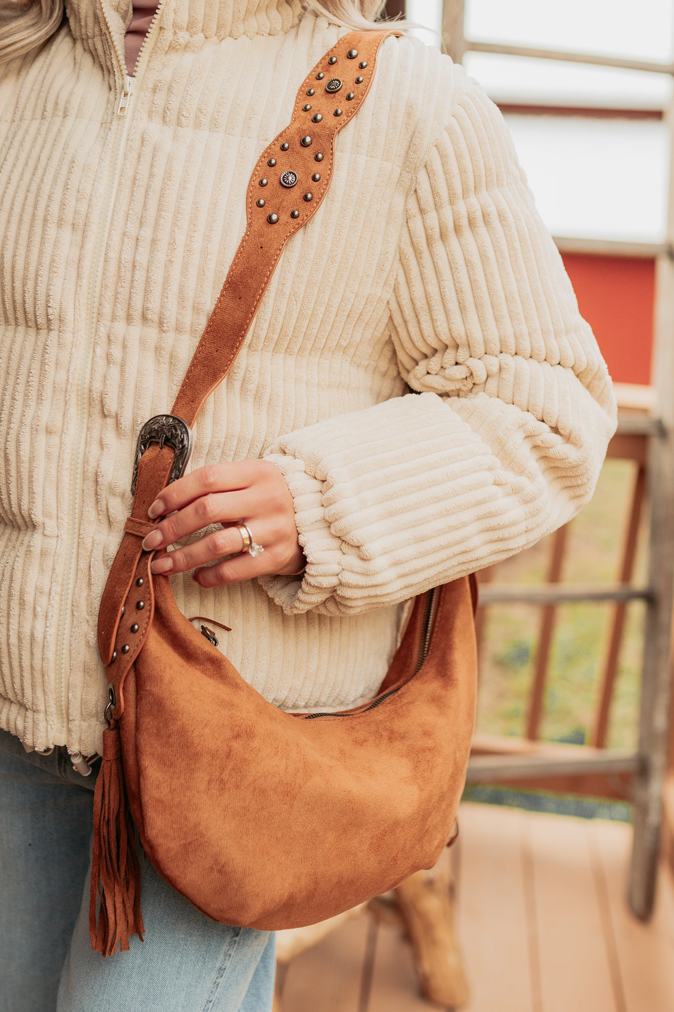 Fierce Glow Faux Suede Buckle Strap Tassel Bag (Light Brown) - NanaMacs