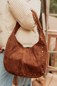 Chic Instinct Faux Suede Studded Handbag (Light Brown) - NanaMacs