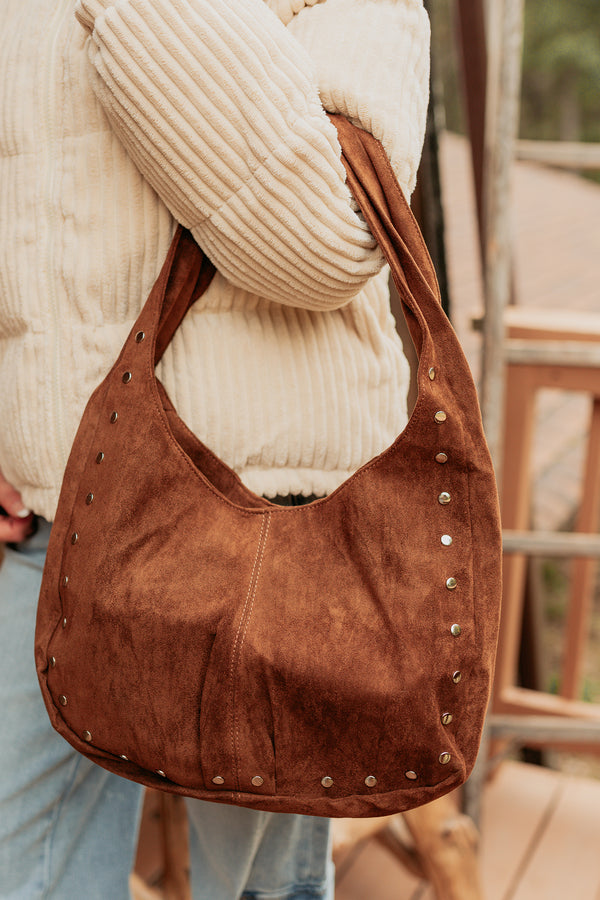 Chic Instinct Faux Suede Studded Handbag (Light Brown) - NanaMacs