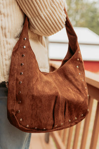 Chic Instinct Faux Suede Studded Handbag (Light Brown) - NanaMacs