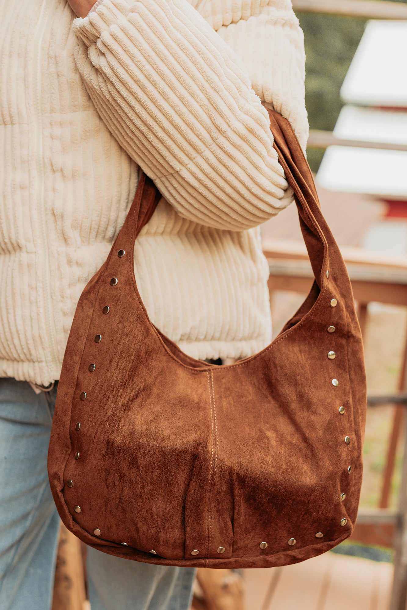 Chic Instinct Faux Suede Studded Handbag (Light Brown) - NanaMacs